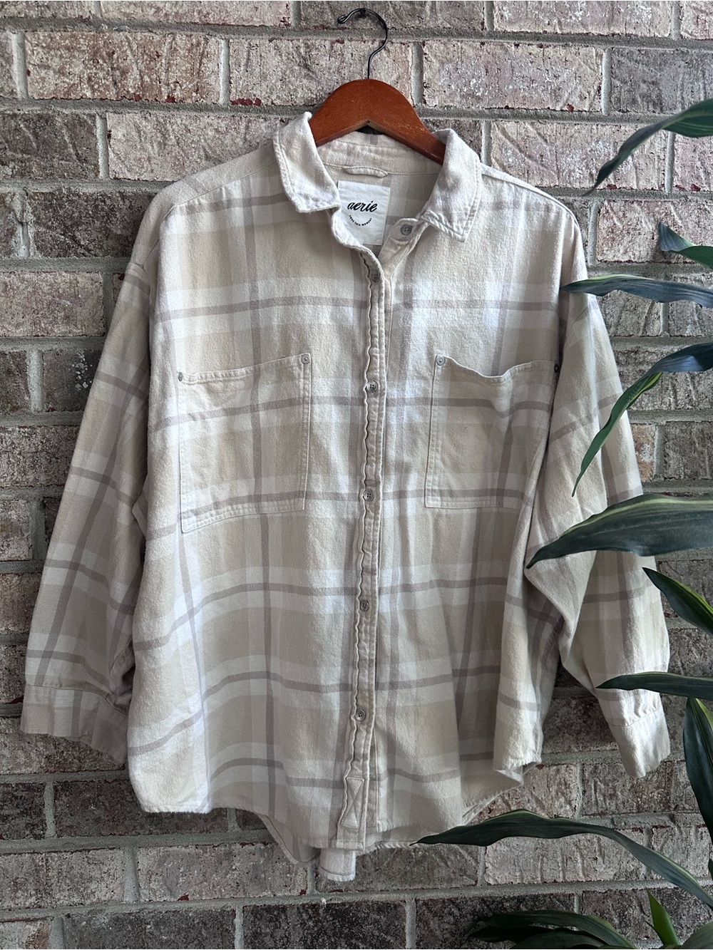 super soft aerie Cream Plaid Button-Down Flannel Shirt oversized XL